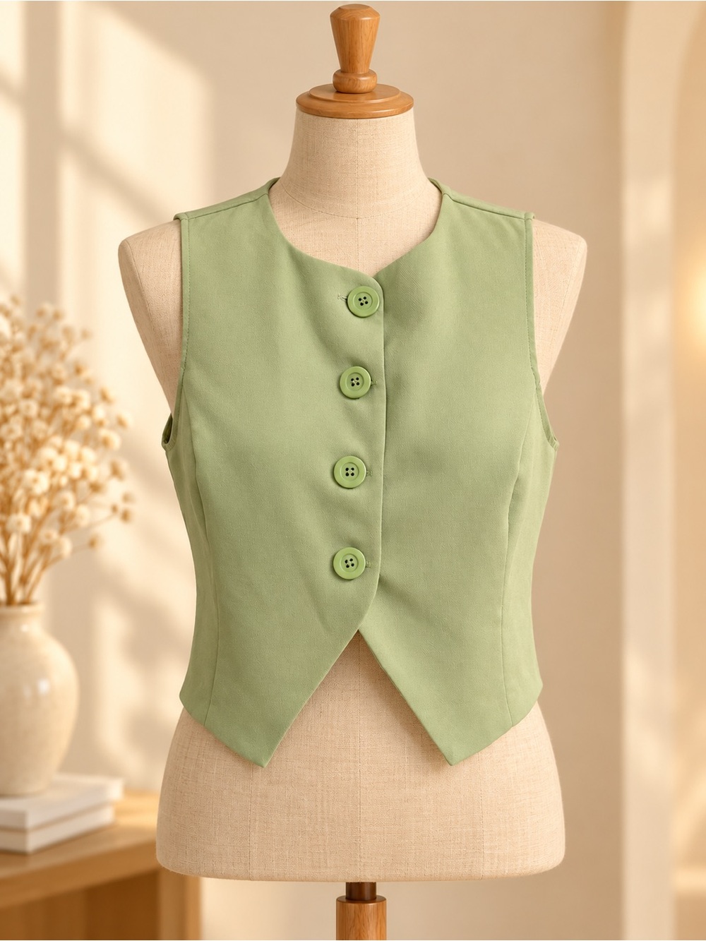 Sleeveless Crewneck Button-Front Vest in Light Sage